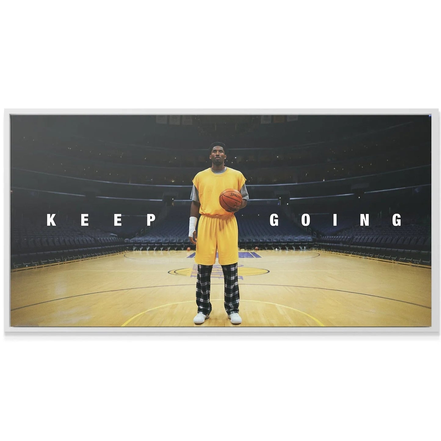 Low-angle perspective of Kobe standing alone in the massive arena illustrating the dedication of 'Kobe - Keep Going'.