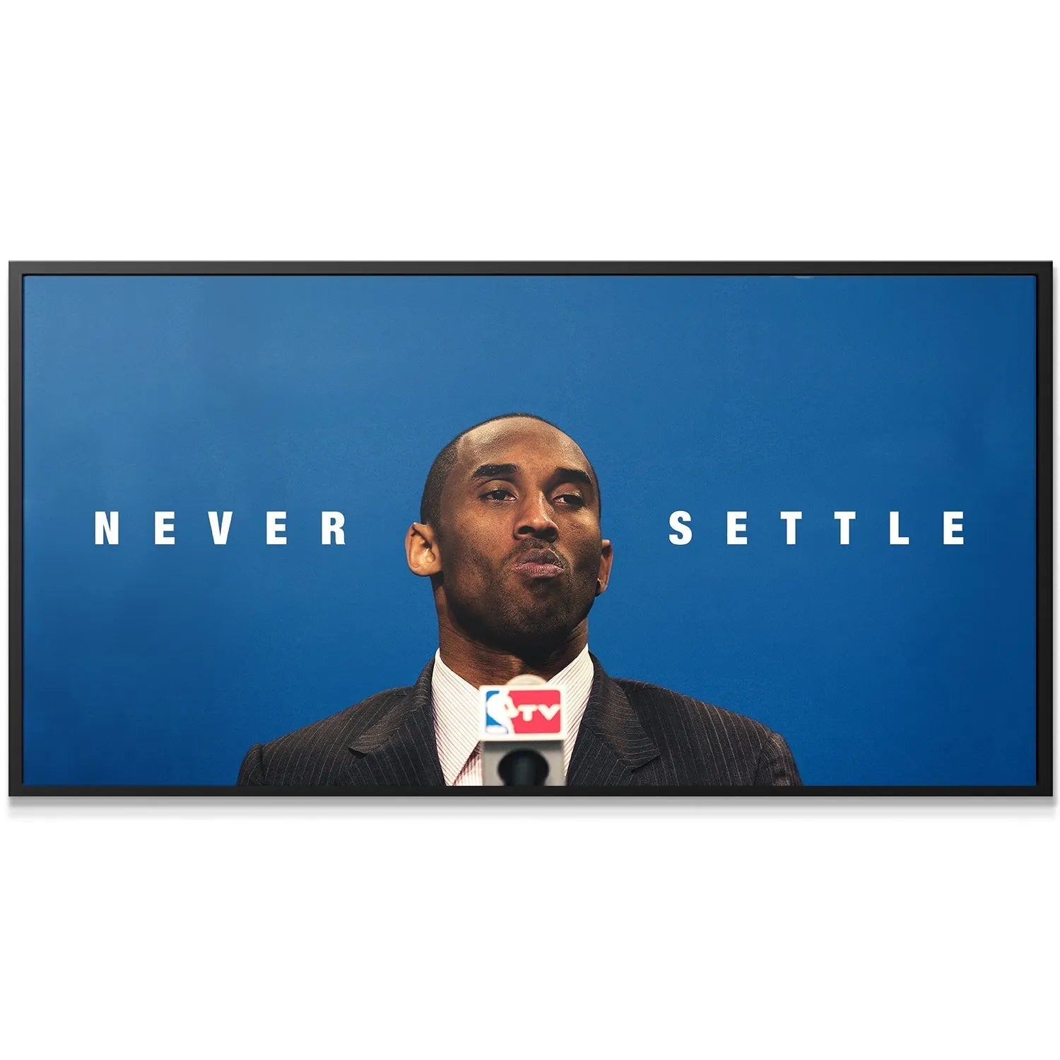 Close-up texture shot of the gallery-wrapped canvas displaying the inspirational phrase 'Kobe - Never Settle'.