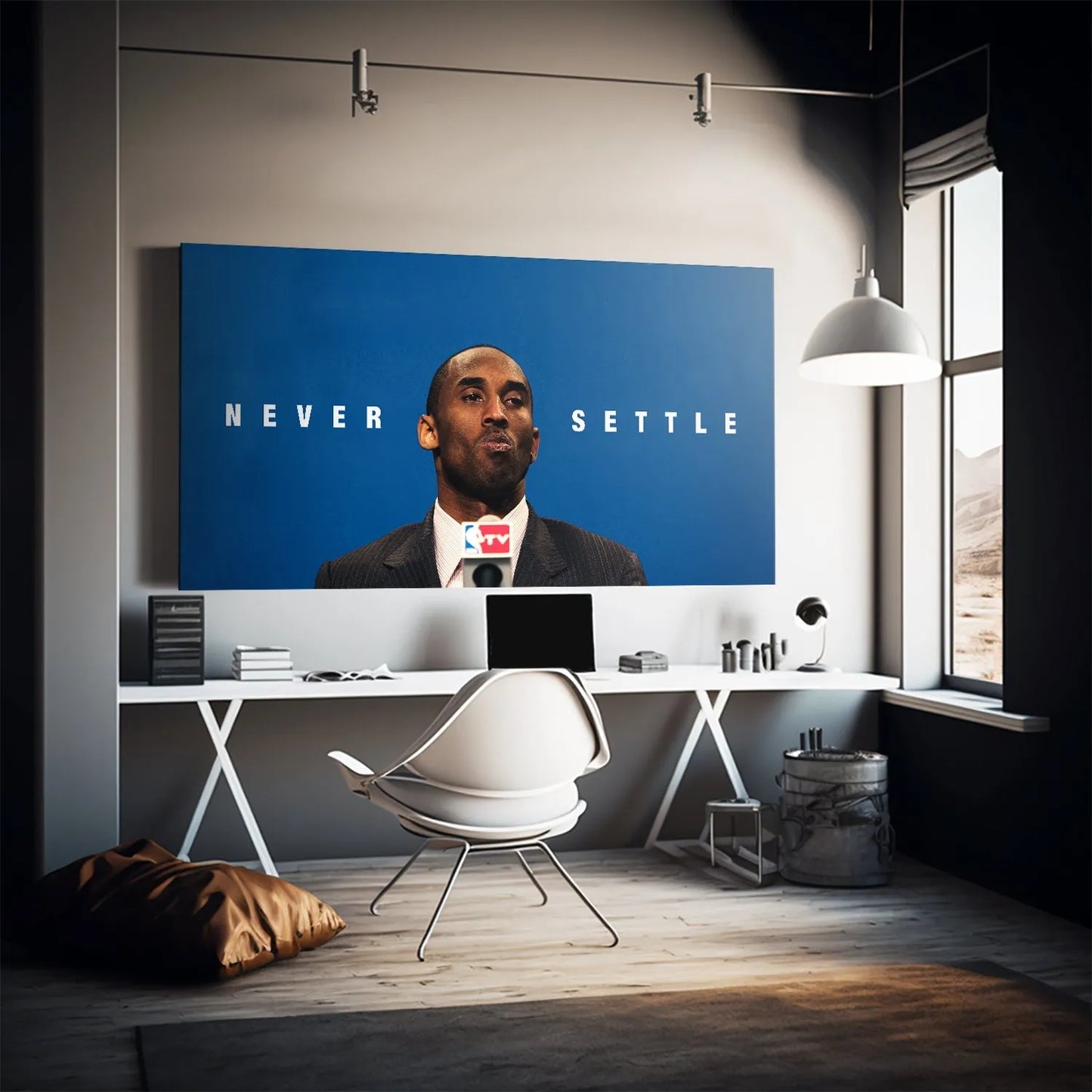 Kobe Bryant portrait featured prominently in the center against the blue background of the 'Kobe - Never Settle' poster.