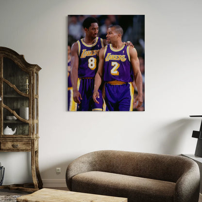 Los Angeles Lakers wall art with Kobe Bryant and Derek Fisher displayed in a cozy living room.