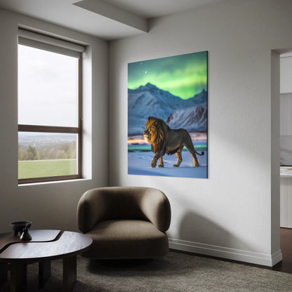 Lion art print with aurora borealis over mountains – dramatic and elegant decor