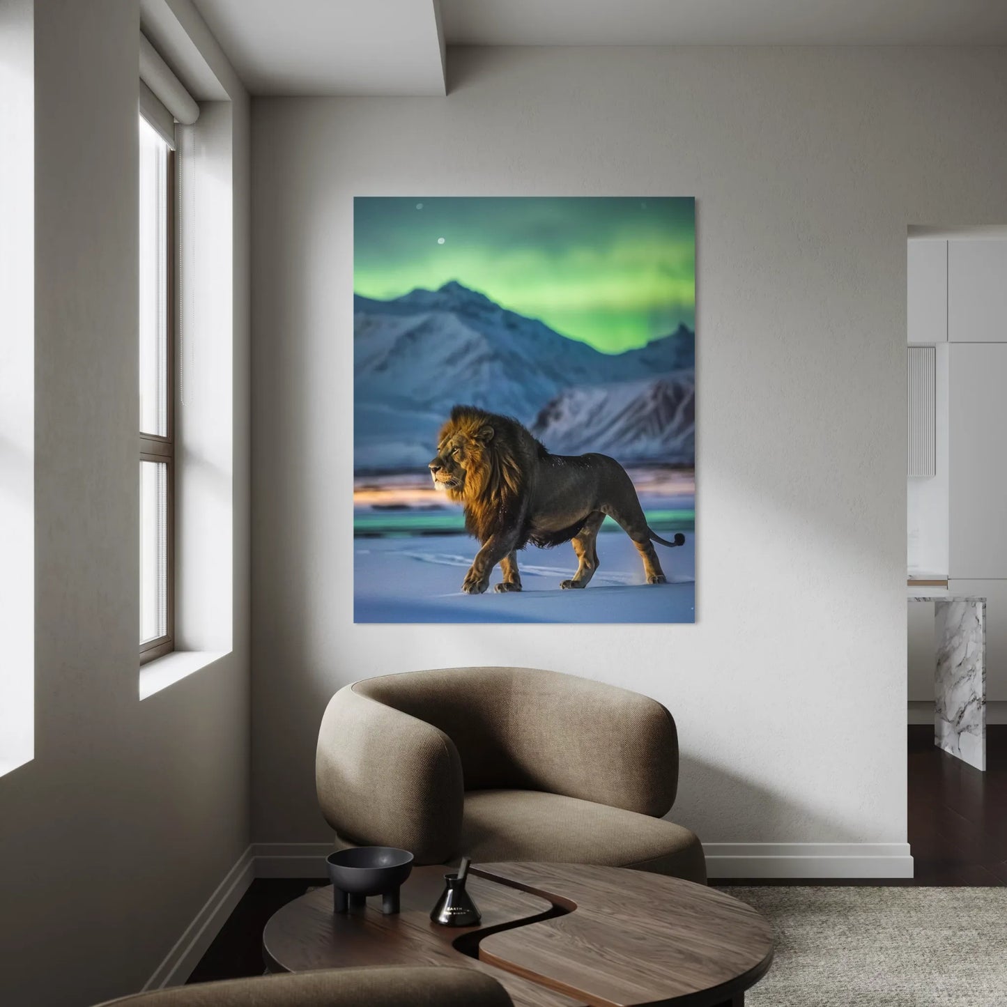 Lion wall art hanging in a modern lounge interior – bold animal-themed decor