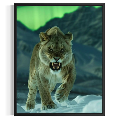 Canvas art of a lioness walking through snow with an aurora-lit sky – unique nature decor