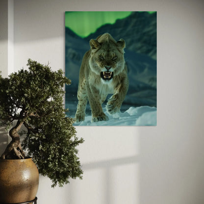 Fine art print of a fierce lioness in a snowy wilderness with glowing night sky