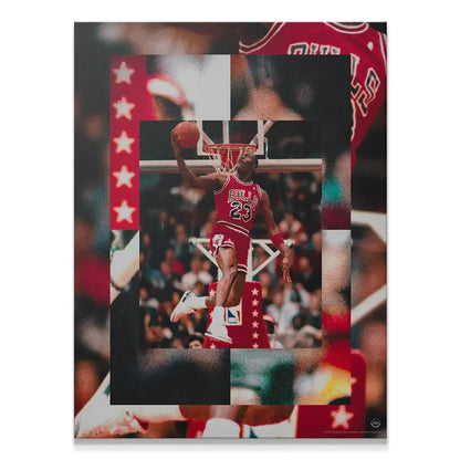 Full view of the dynamic composite art print, 'Michael Jordan - 180', showcasing the collage technique.