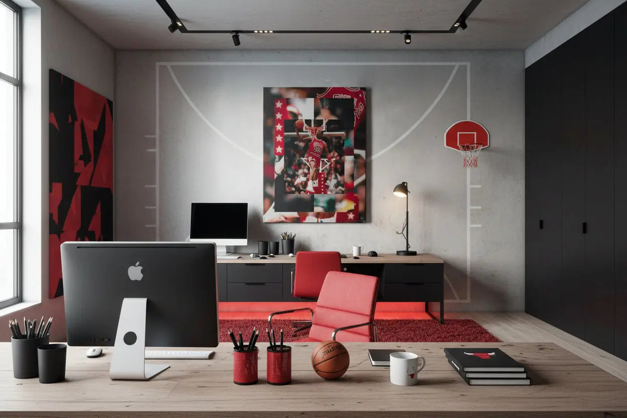 Side angle perspective of the iconic Chicago Bulls jersey number 23 featured prominently in 'Michael Jordan - 180'.