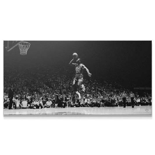 Michael Jordan - Elevation iconic black and white panoramic print showing Bulls #23 mid-dunk.