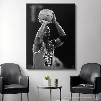 Lifestyle shot featuring the framed wall art Michael Jordan - Eyes Closed displayed in a sports memorabilia room.