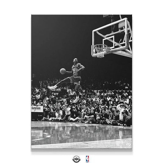 Full view of "Michael Jordan - Frozen In Time" high-contrast black and white canvas print displaying MJ's flight.