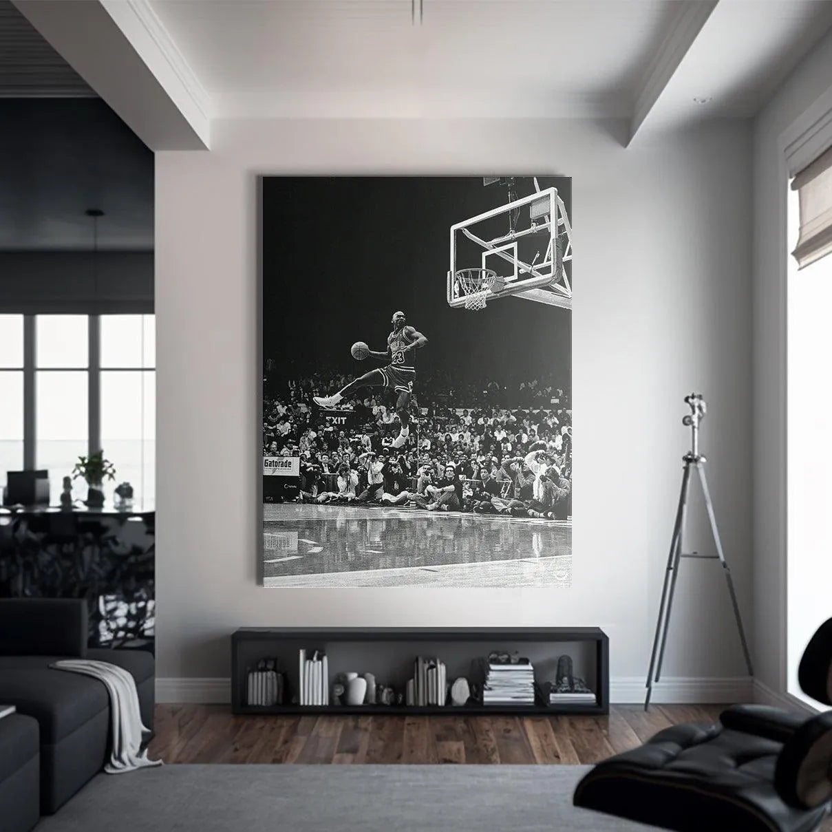 "Michael Jordan - Frozen In Time" capturing the dramatic perspective looking up at the soaring basketball legend near the rim.