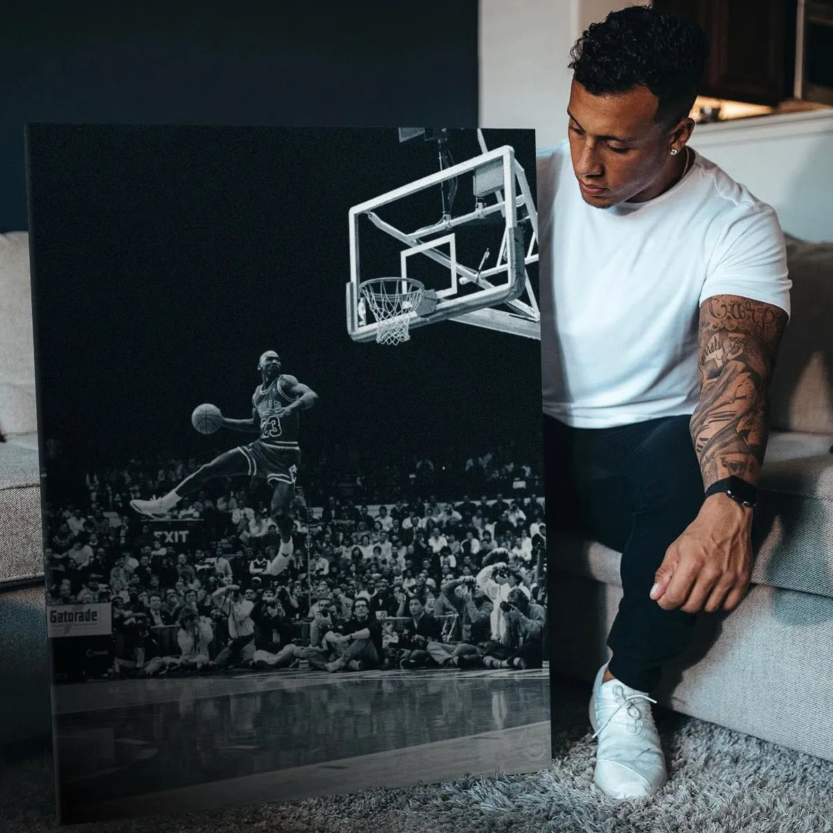 Textured canvas print showcasing the vintage grain and profound black-and-white tones of "Michael Jordan - Frozen In Time."