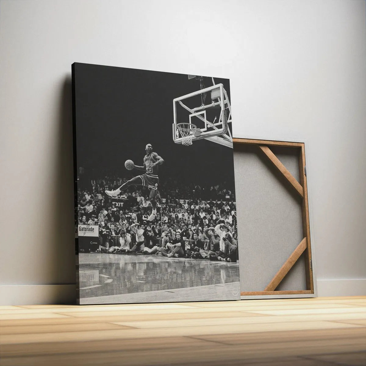 Lifestyle view of the framed "Michael Jordan - Frozen In Time" artwork displayed seamlessly in a collector's sports room.