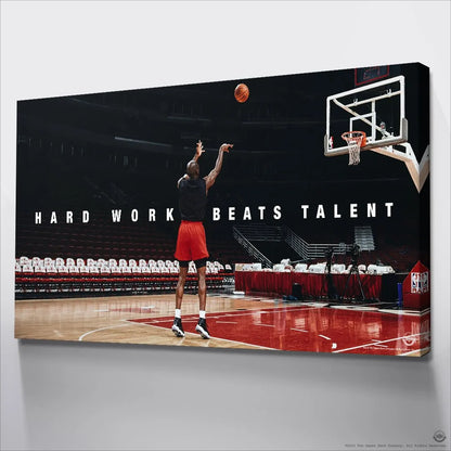 Rear view of Michael Jordan shooting a jump shot under the prominent 'Hard Work Beats Talent' text banner.