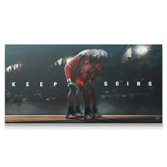 Full shot of the motivational 'Michael Jordan - Keep Going' poster capturing exhaustion and effort on the basketball court.