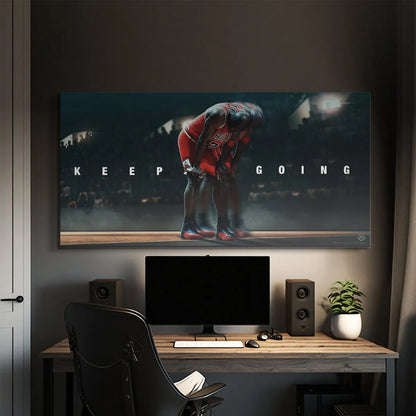 Low-angle perspective emphasizing the words 'KEEP GOING' surrounding the figure of Michael Jordan - Keep Going.