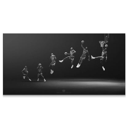 Panoramic view of the Michael Jordan - Motion sequence showing his full drive to the hoop.