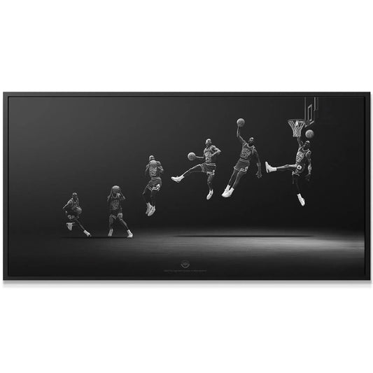 Detailed close-up of the final stages of the Michael Jordan - Motion layup near the basket.