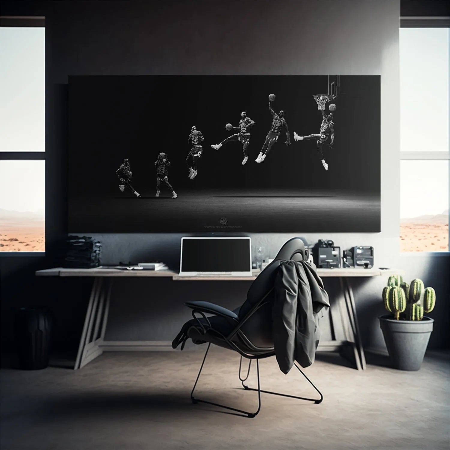 Wide angle depiction of the spotlight effect illuminating the Michael Jordan - Motion composite.