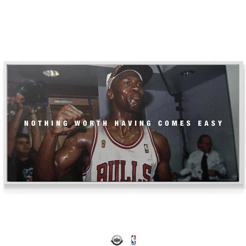 Poster angled shot showing the texture and matte finish quality of the 'Michael Jordan - Nothing Worth Having Comes Easy' print.