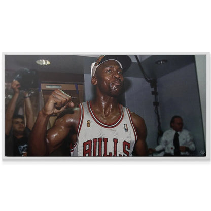 Portrait focus on MJ’s determined face, celebratory expression, and raised fist featured in 'Michael Jordan - Nothing Worth Having Comes Easy' artwork.