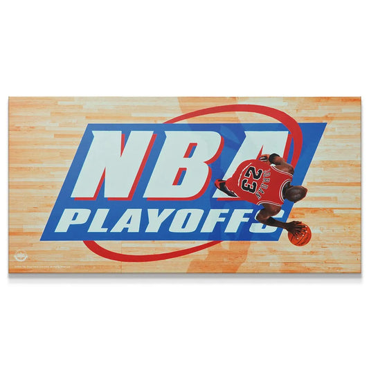 Overhead action shot of Michael Jordan - Playoffs print on a detailed hardwood court background.