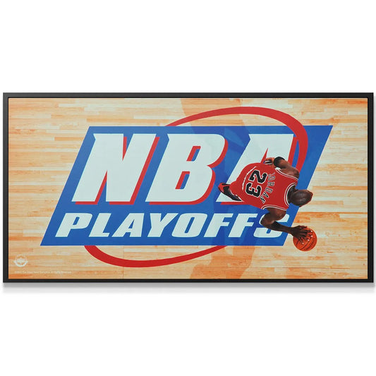 Close-up detail of the massive NBA logo overlaid with the Michael Jordan - Playoffs graphic design.