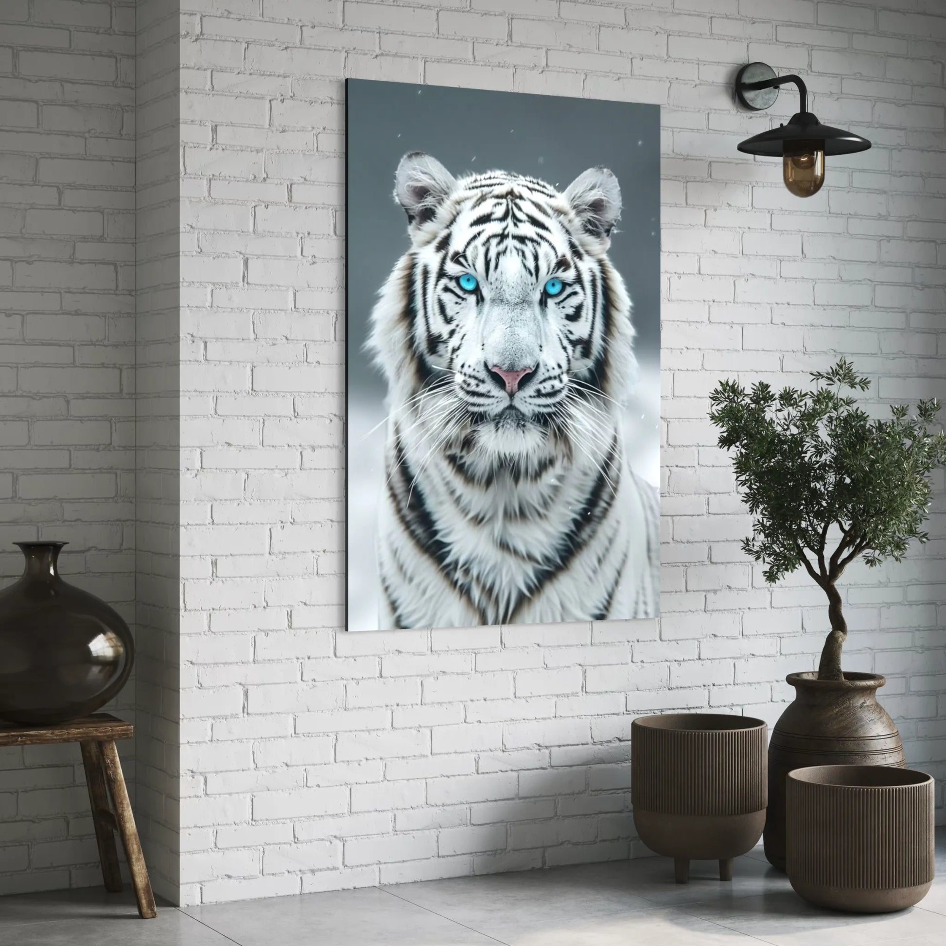 Modern interior with large white tiger artwork – bold wall decor for living spaces