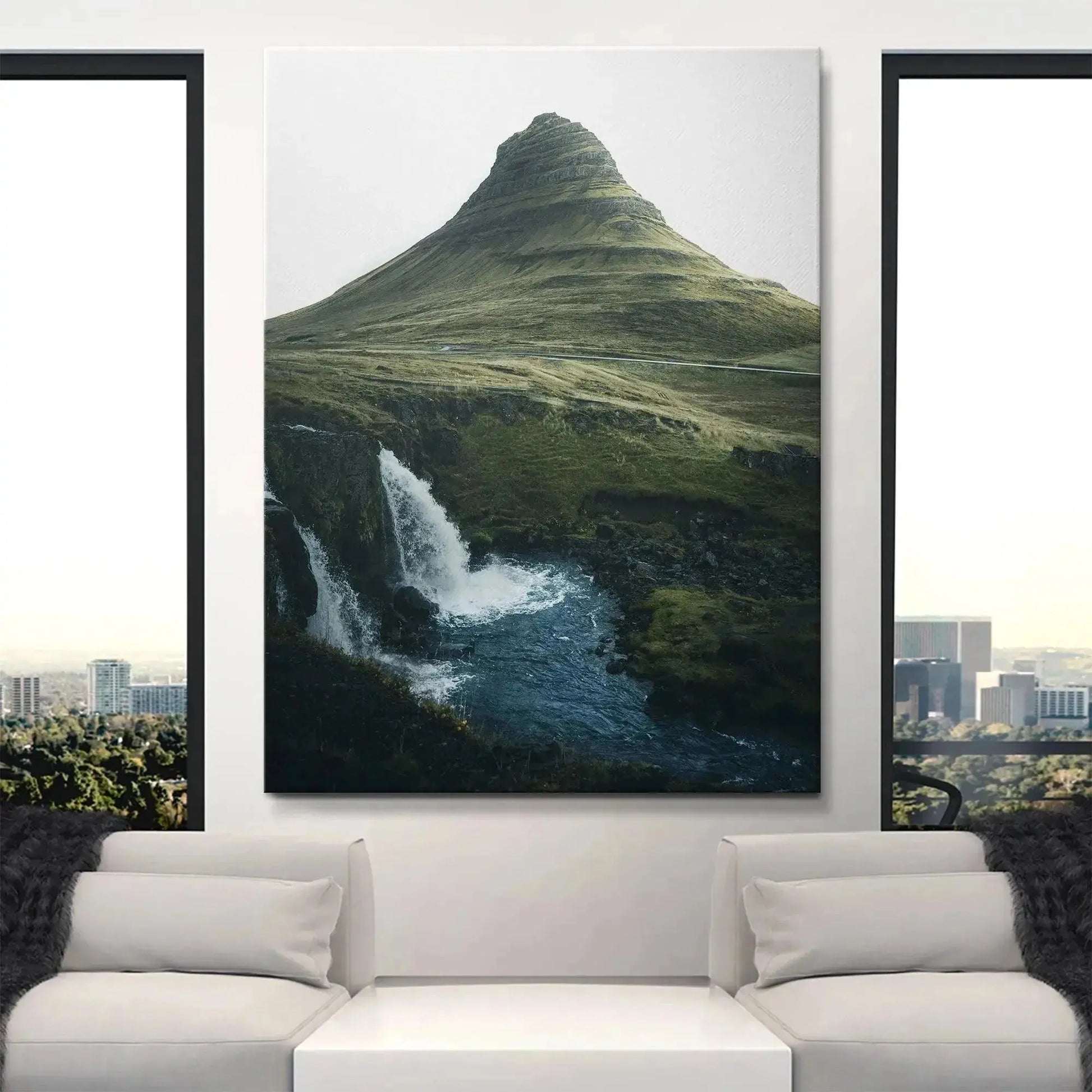 Print displayed in a bright, minimalist living room setting, highlighting the colors of '(N)iceland'.