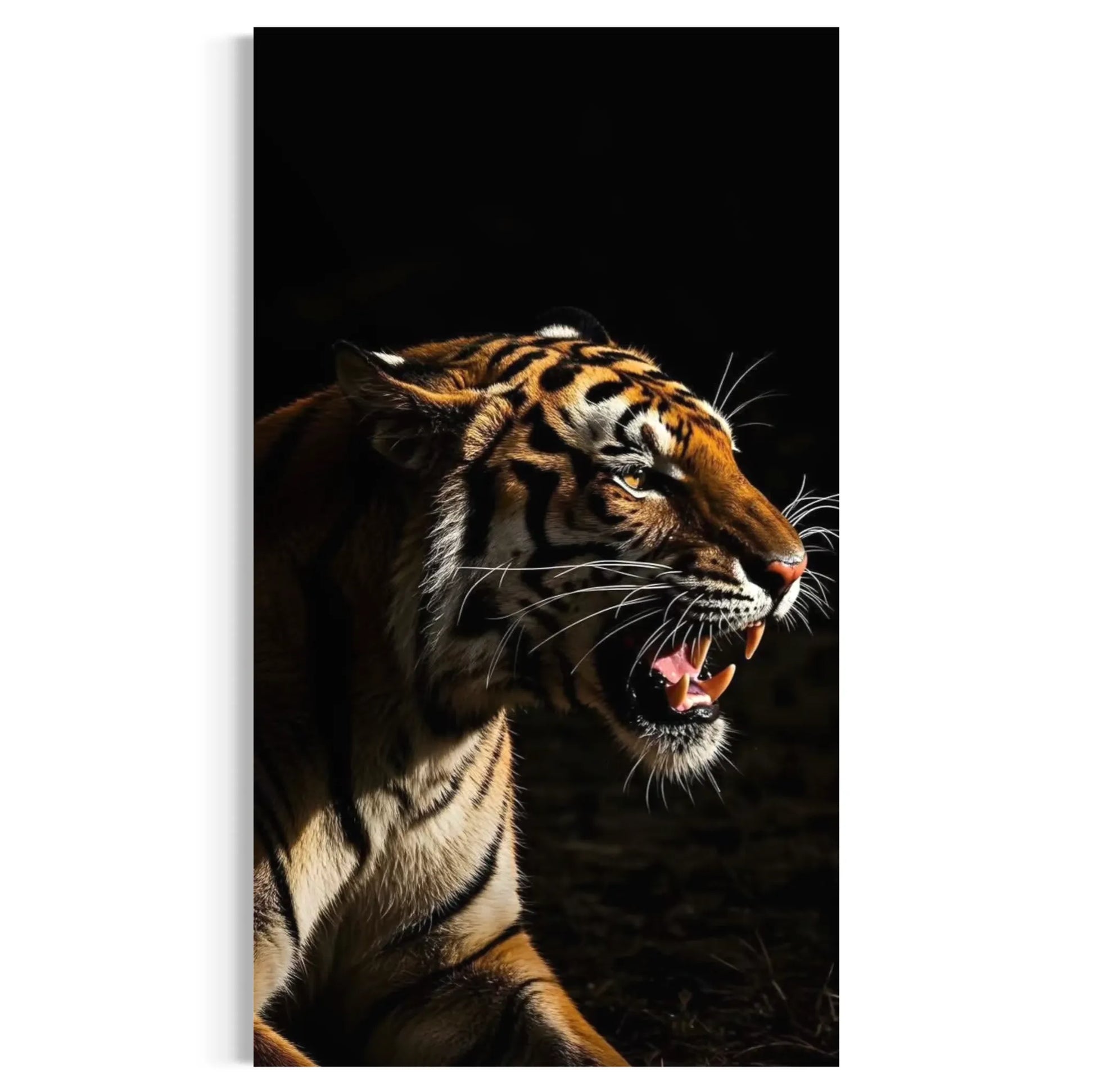 Close-up artwork of a roaring tiger with dramatic lighting – perfect for art collectors