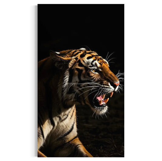 Close-up artwork of a roaring tiger with dramatic lighting – perfect for art collectors