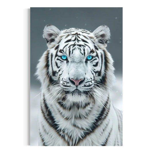 Striking white tiger with blue eyes in snowy backdrop – fine art wildlife print