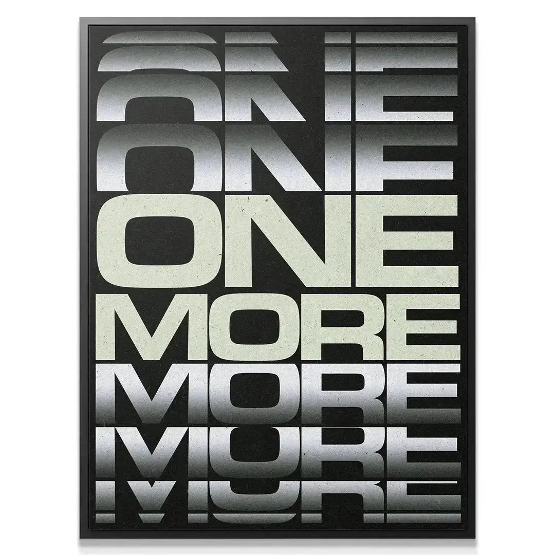 Close-up detail of the layered text effect in the '1 More - 2' print, showing gradient fading and motion.