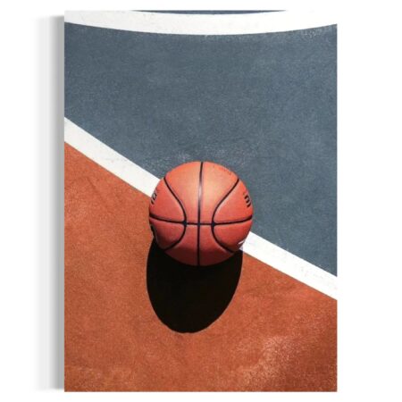 Overhead shot of basketball centered on court lines under bright sunlight, print 12 x 16 0023.