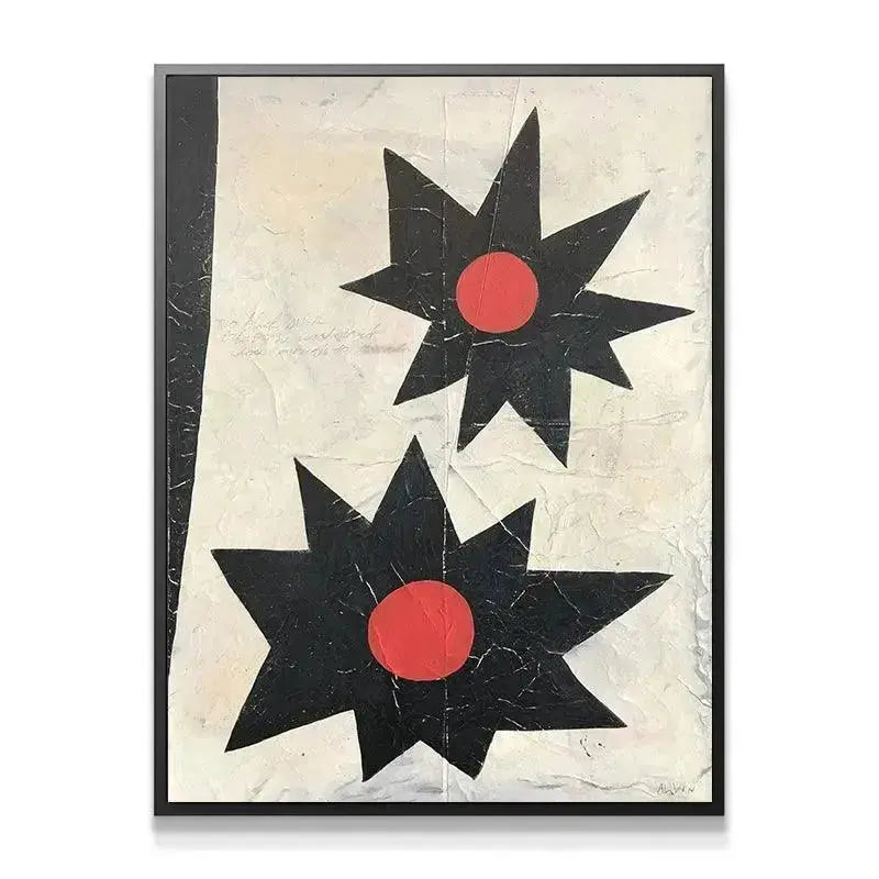 Full framed view of the abstract artwork '2Suns' showing the vertical black stripe contrast.