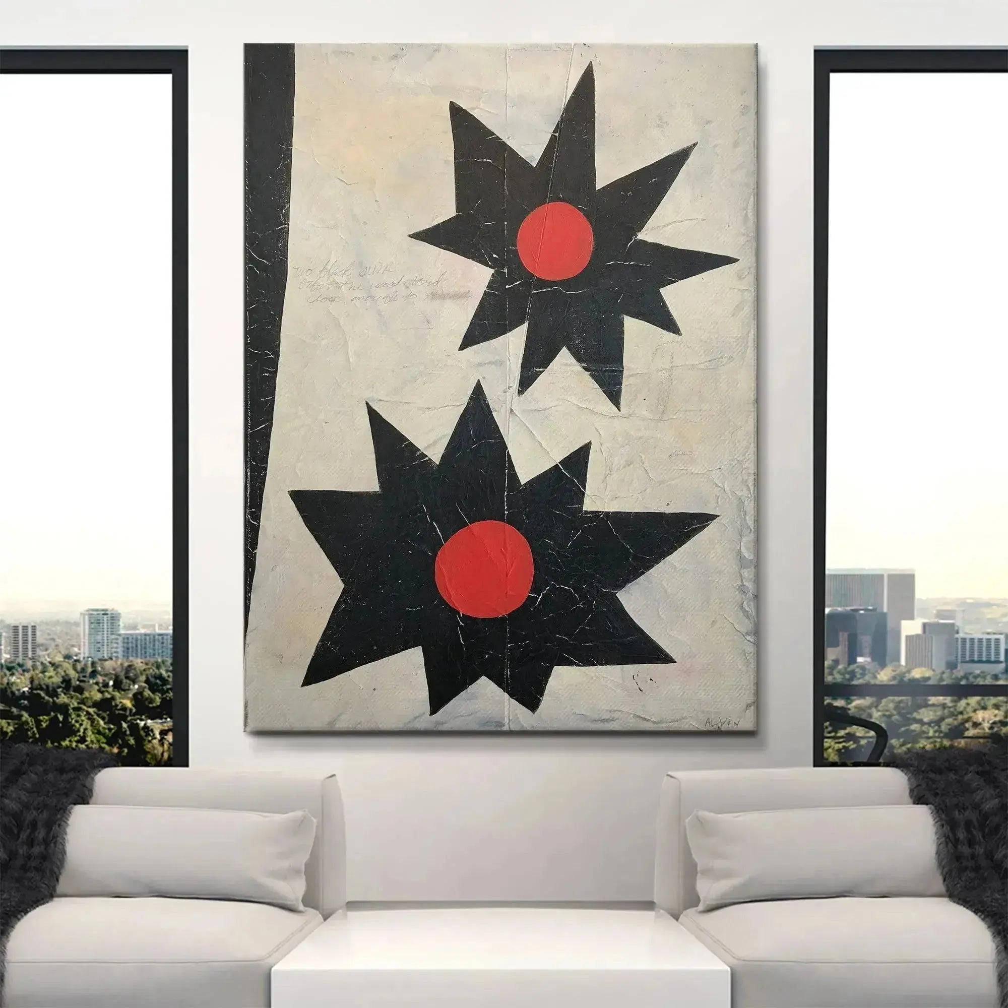 Side angle perspective of the canvas edge, highlighting the depth of the '2Suns' painting.