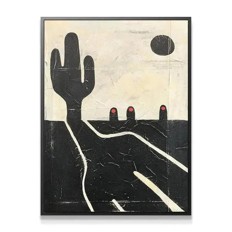 Full framed view of the '3Nuns' desert artwork emphasizing the overall black and white composition.