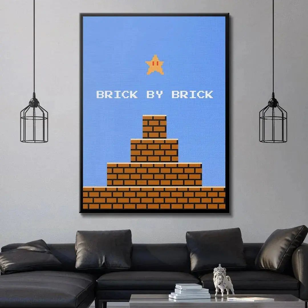 Texture macro emphasizing the high-quality matte finish printing of the brown brick structure in the '8bit Brick By Brick' artwork.