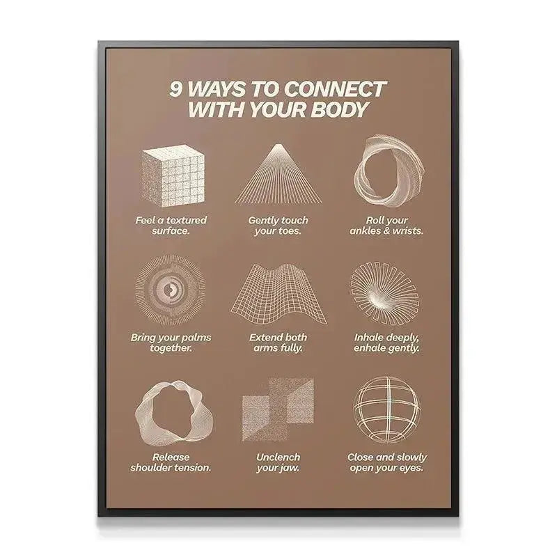 Close-up detailed crop focusing on the geometric wireframe graphics depicting the 9 Ways To Connect With Your Body steps.