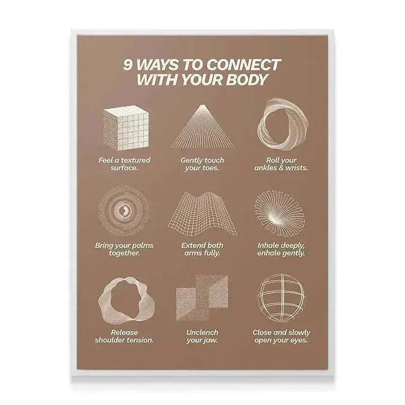 Detailed shot featuring the text instructions for 'Roll your ankles & wrists' as part of the 9 Ways To Connect With Your Body routine.