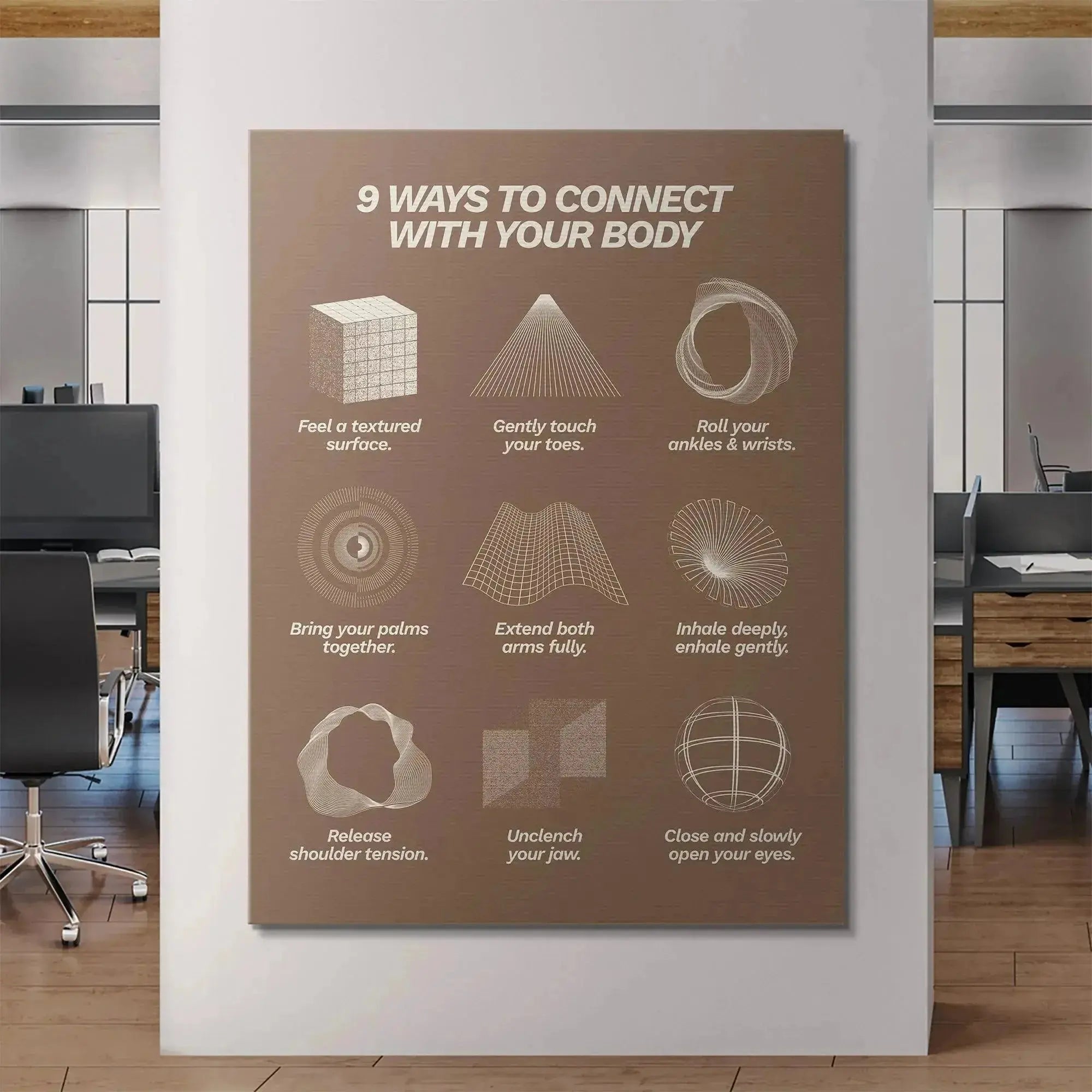 High-angle perspective of the minimalist print displaying all 9 Ways To Connect With Your Body techniques clearly arranged in a grid.