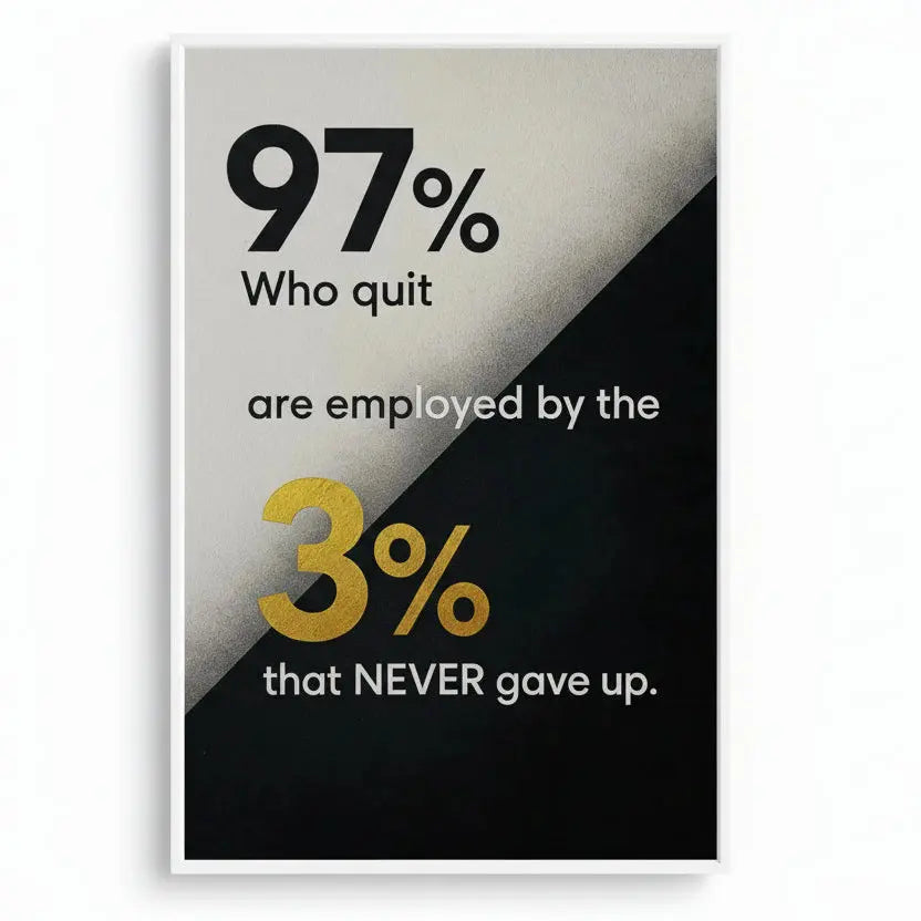 Motivational poster with text '97% who quit are employed by the 3% that never gave up.'