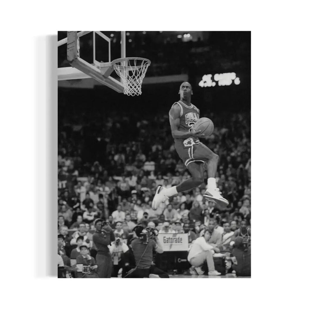 Michael Jordan Black and White Canvas – Iconic Dunk Basketball