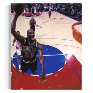 Michael Jordan art canvas showing his iconic dunk in Bulls jersey