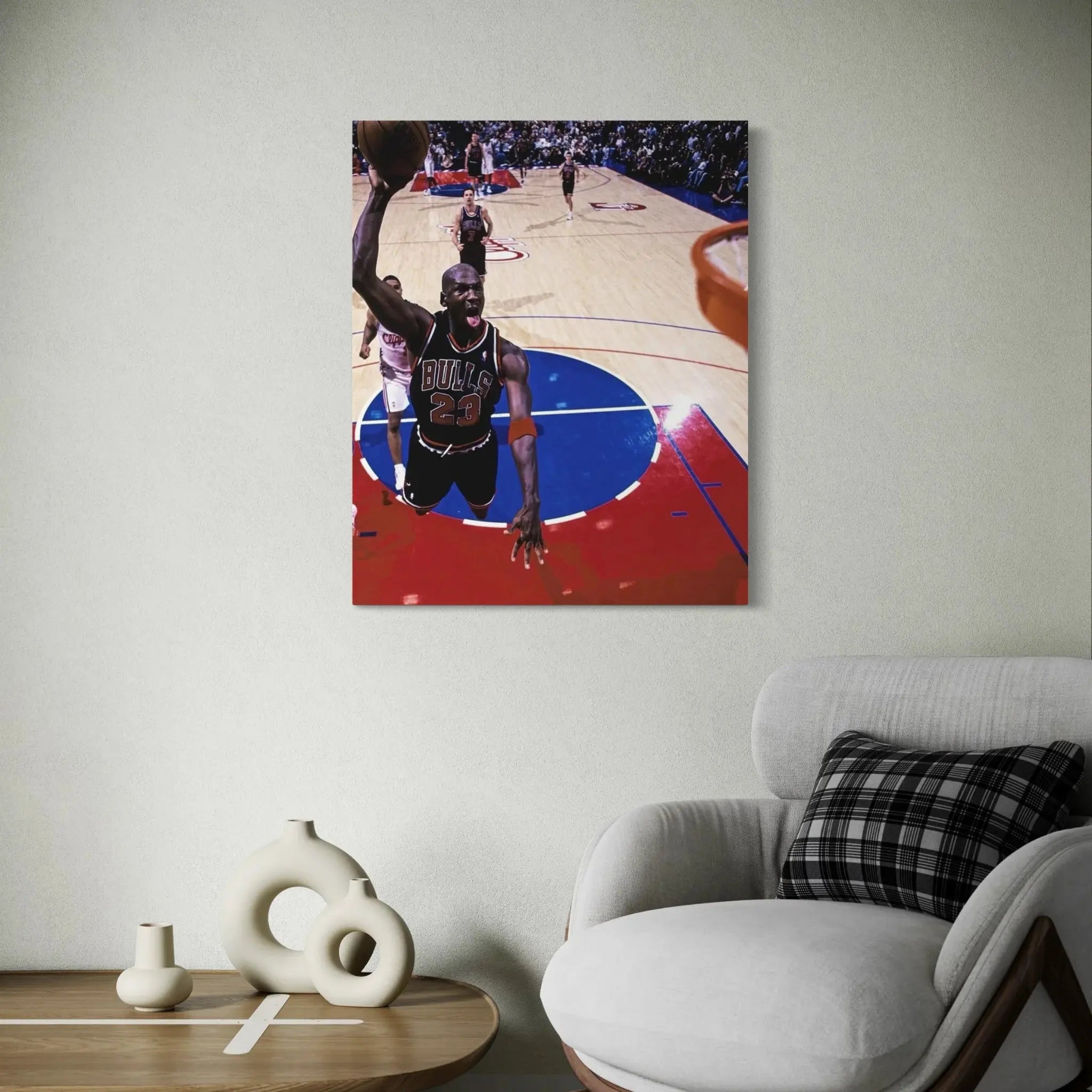 Michael Jordan prints showcasing legendary dunk over defenders
