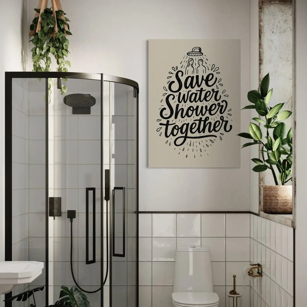 Minimalist square canvas print featuring black hand-lettered “Save Water Shower Together” text with water-droplet accents on a beige background.
