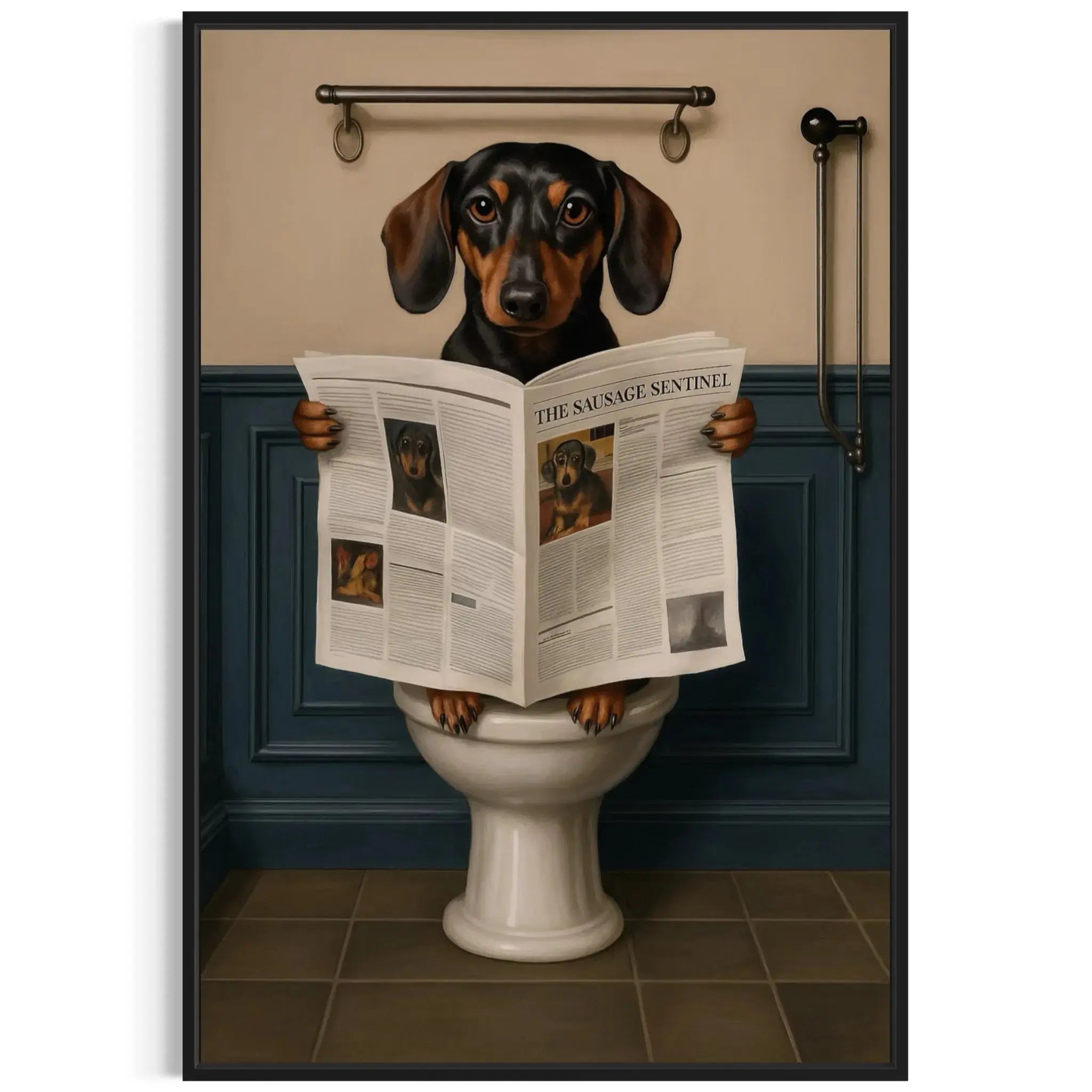 Dachshund Reading Newspaper – Funny Dog Bathroom Wall Art