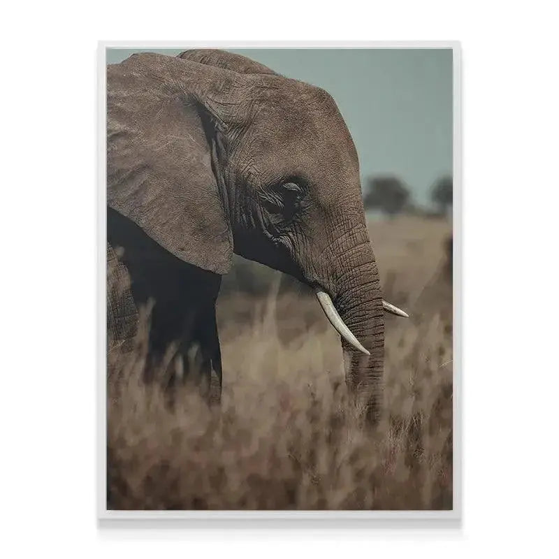 Side profile view of the large elephant head and trunk, emphasizing the powerful 'A Tall Moment' composition.