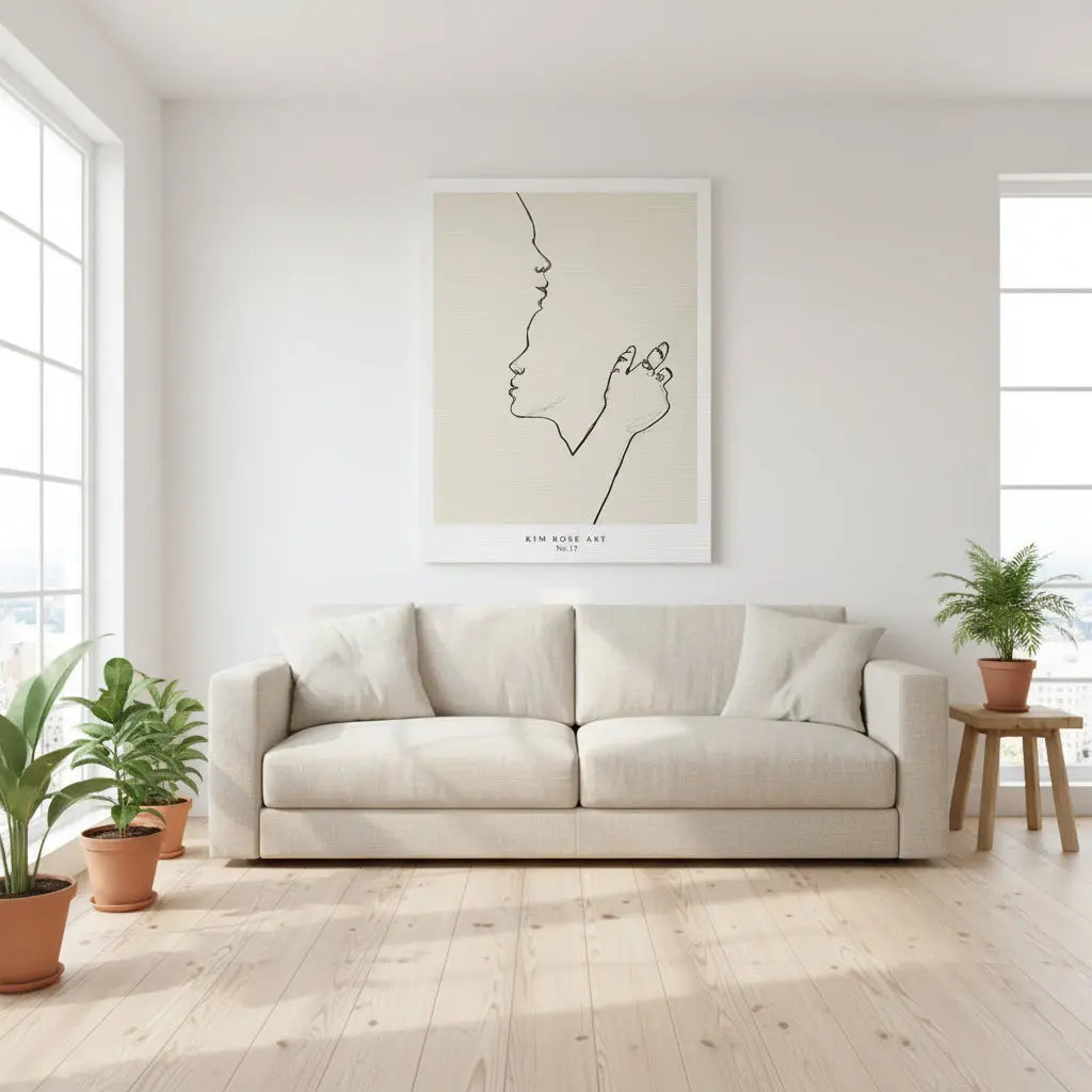 Angle emphasizing the delicate overlaid profiles and subtle shadow detail in the Abrazo Suave - White drawing.