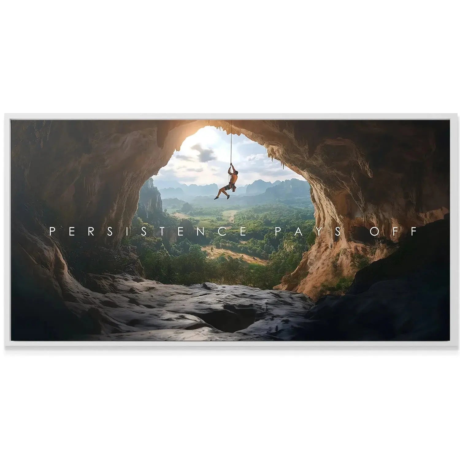 Close-up on the cave's rugged rock texture and the distant sun flare in 'Action Sports - Persistence Pays Off'.