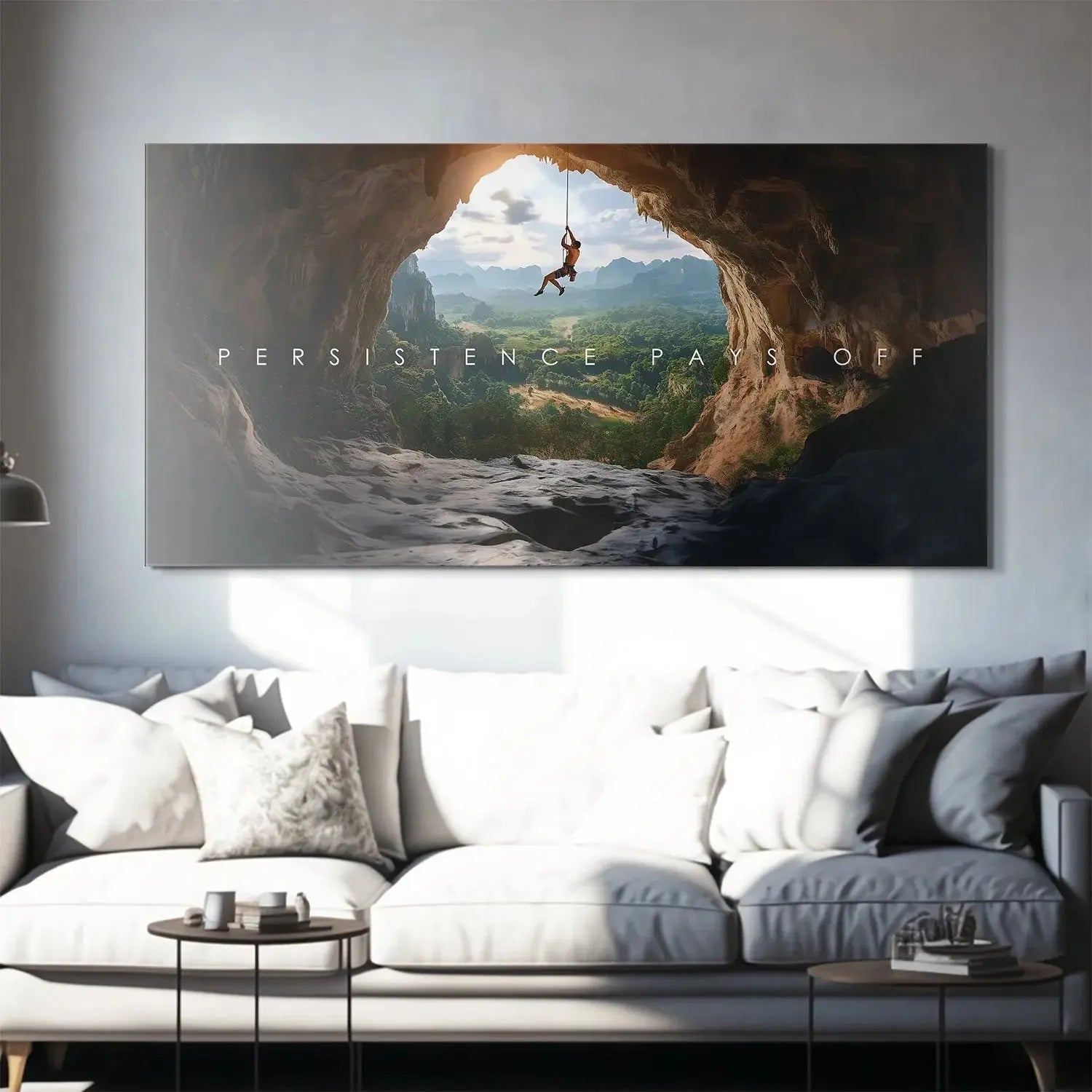 Lifestyle motivational poster featuring mountain rappel and the message 'Action Sports - Persistence Pays Off'.